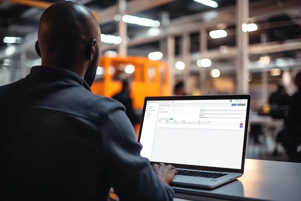 TrackRecordPRO store module on a laptop in a warehouse